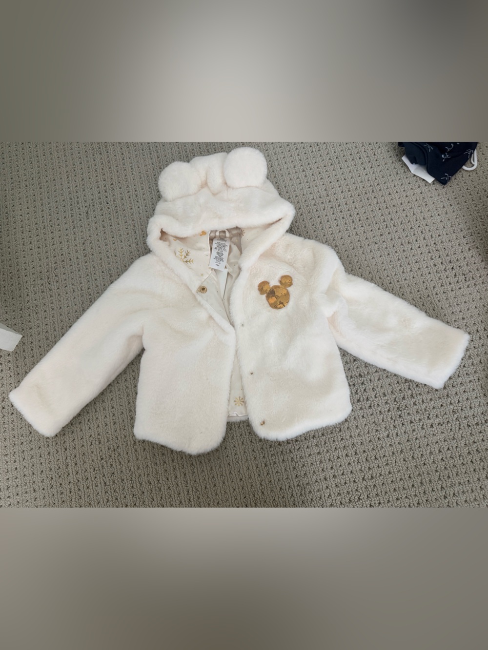 Disney Cream Faux Fur Hooded Coat with Gold Mickey Patch